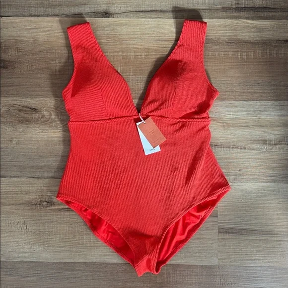 Mango Vneck Rib One Piece Bathing Suit Red Size 2x - Picture 7 of 9